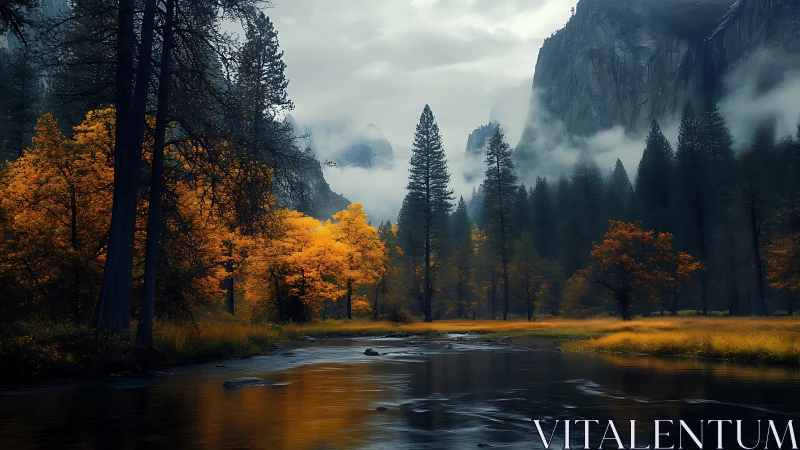 Foggy mountain valley river with orange autumn trees at dusk.