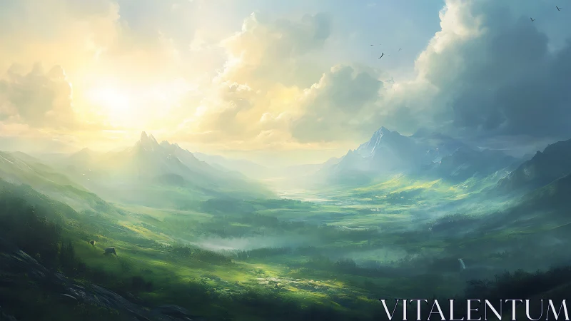 Sunlit alpine valley stretches beneath distant misty peaks