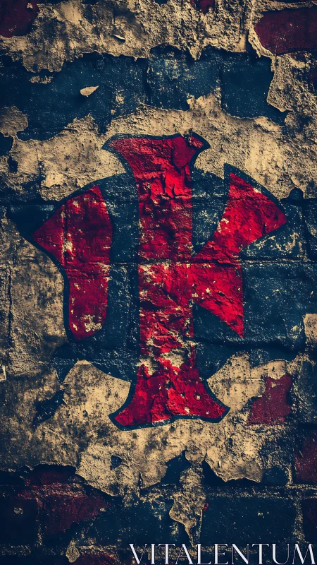 Weathered red emblem painted on distressed brick wall.