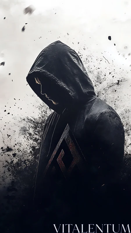 Hooded figure in profile with abstract splatter backdrop.