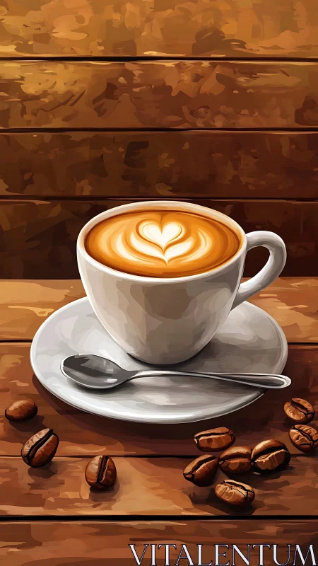 Heart-warmed latte moment on rustic wooden tabletop.