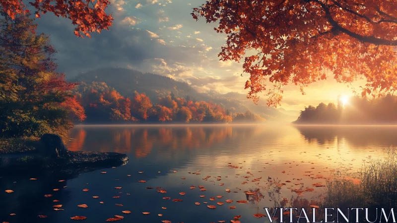Golden autumn lake landscape under dramatic sunrise light.