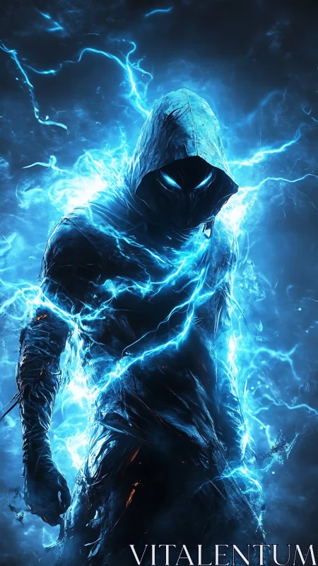 Electrified hooded wraith enveloped in blue plasma arcs