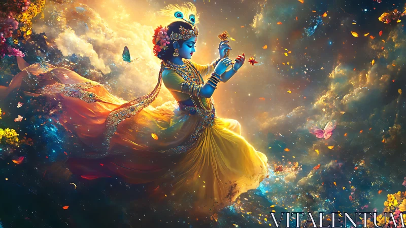 Celestial blue deity suspended in luminous cosmic floral vortex