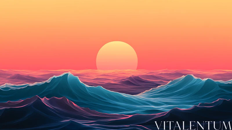 Stylized ocean waves with low sun over gradient sky.