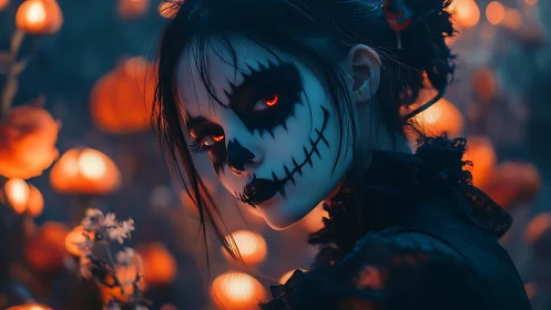 Eerie pumpkin-lit goth portrait with glowing skull makeup.