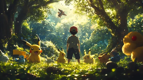 Sunlit forest trainer stands among bright electric creatures.