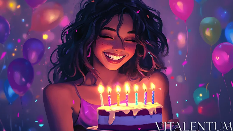 Joyful Birthday Celebration with Luminous Cake and Balloons.