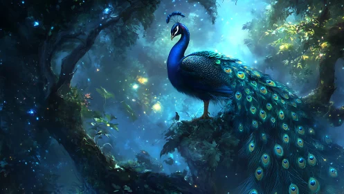 Mystic peacock glows over bioluminescent forest canopy.