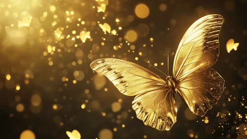 Golden butterfly with luminescent bokeh particles in shallow depth