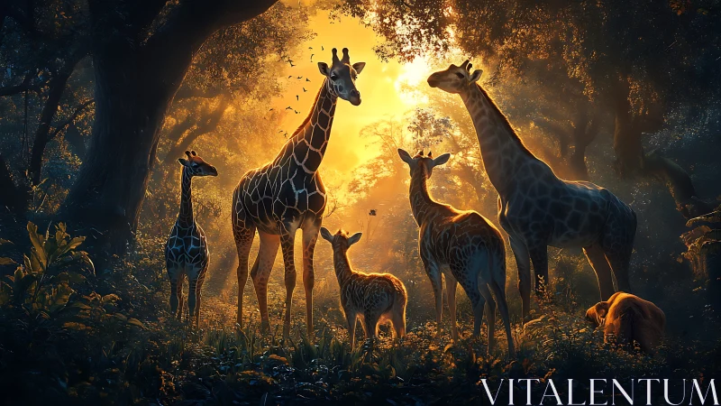 Golden forest gathering of gentle giraffes at sunrise.