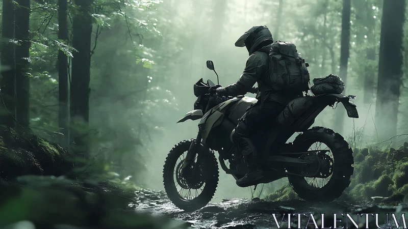 Adventure biker pauses in misty forest trail light.