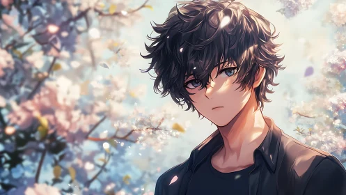 Young male figure before soft focus flowering branches.