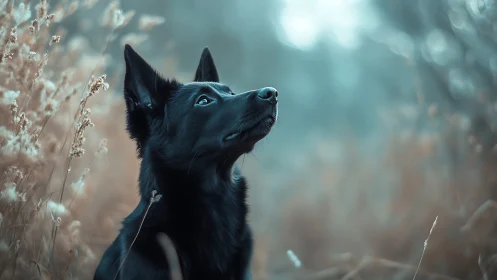Black dog in side profile against blurred field background.