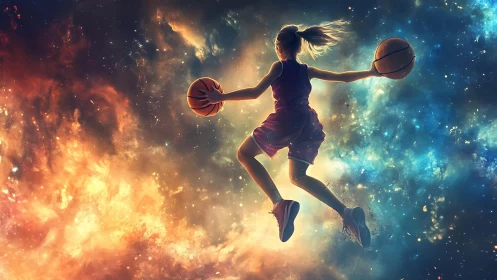 Cosmic basketball girl soars through nebula-lit sky.