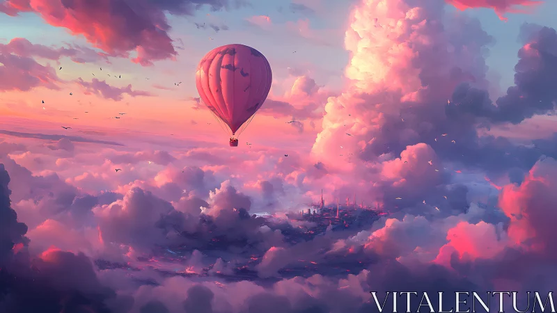 Hot air balloon over luminous cloud city at sunset sky