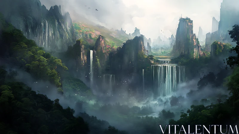 Panoramic mist-laden canyon with multi-tiered waterfalls