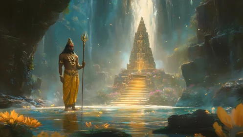 Golden guardian stands before a radiant temple beneath falls