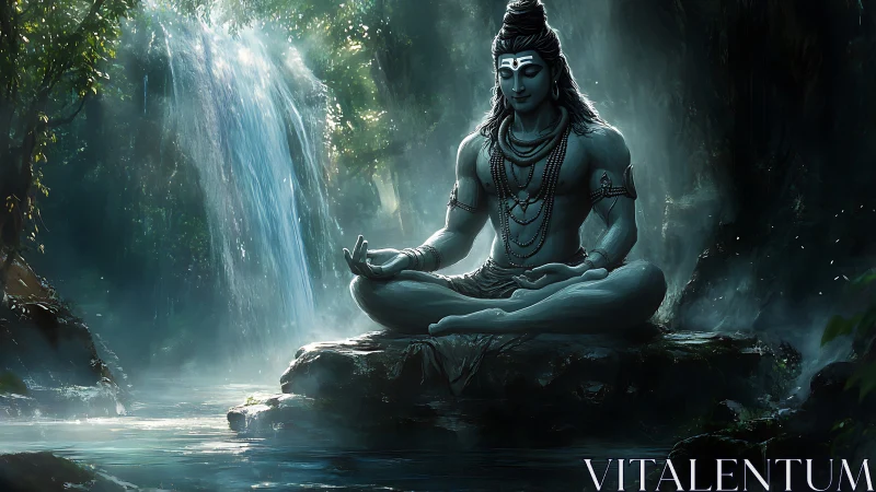 Silent river yogi beneath emerald waterfall hushes time.