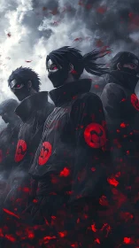 Digital anime squad in storm-lit red-accented cloaks composition.