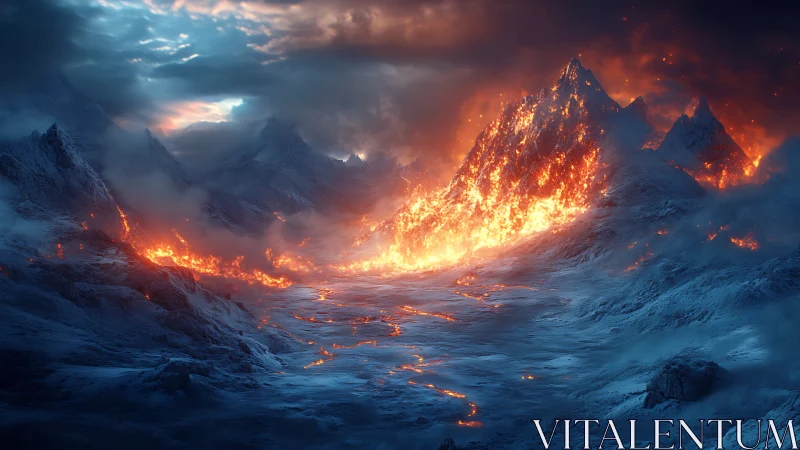 Alpine Eruption: Volcanic Peak Against Winter Landscape.