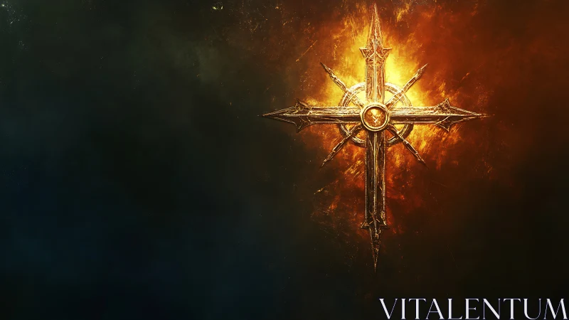 Burnished battle cross ignites a storm of molten light