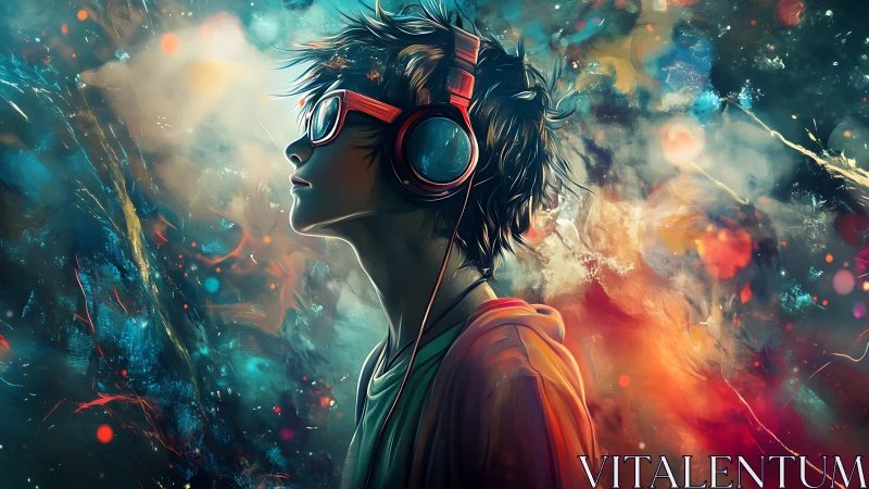 Headphoned dreamer immersed in neon cosmic soundscape.