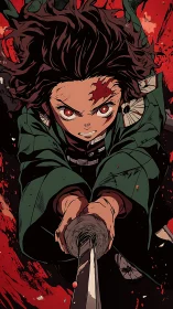 Intense anime swordsman lunges forward through crimson chaos.