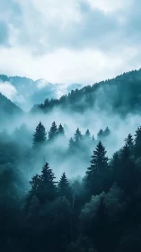 Misty Mountain Forest Landscape Enveloped in Atmospheric Fog.