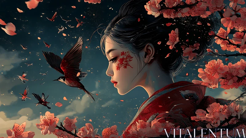 Profile portrait with cherry blossoms, birds, and night sky.