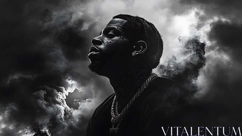 Moody monochrome portrait rising from stormy clouds.