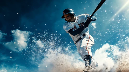 Baseball batter captured mid-swing with airborne infield dirt