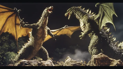 3D cinematic kaiju duel with dramatic backlighting and scale.