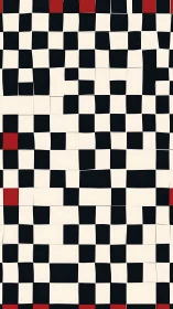 Distorted checkerboard grid with bold red accent blocks