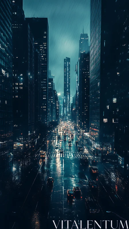 Rain-soaked night city avenue glows with dense traffic lights