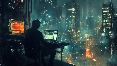 Solitary programmer works at dual monitors above neon city