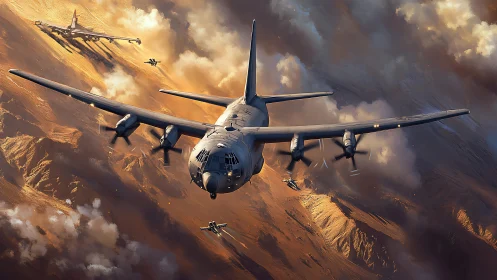 Strategic bomber squadron over sunlit desert cloudscape.