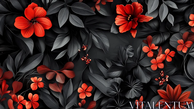 Crimson Blooms Burst Against Charcoal Foliage.