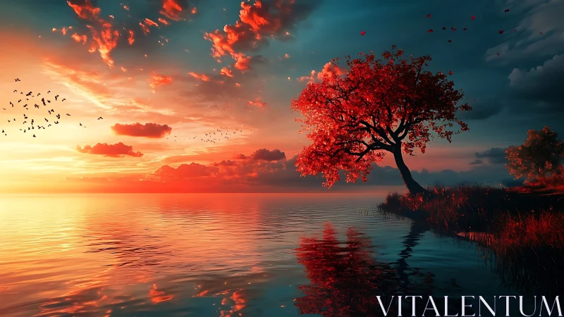 Vibrant red lakeside tree silhouettes against cinematic sunset