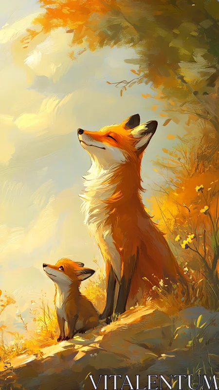 Two stylized foxes sit on a sunlit hillside in autumn light