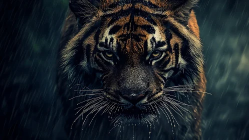 Tiger moves forward in rain with sharp focus on face