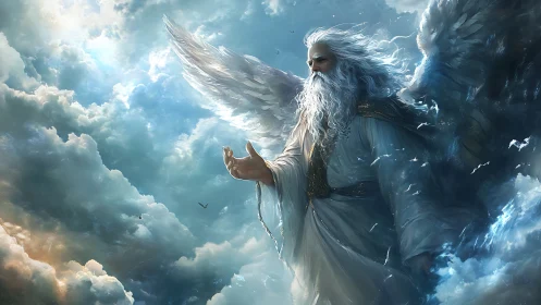 Winged robed figure with beard amid high atmospheric clouds.