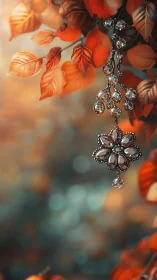 Gemstone pendant hanging among orange autumn foliage.