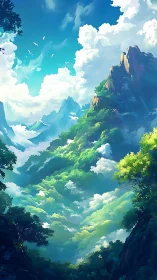 Vertical fantasy mountainscape with luminous cloud canyons.