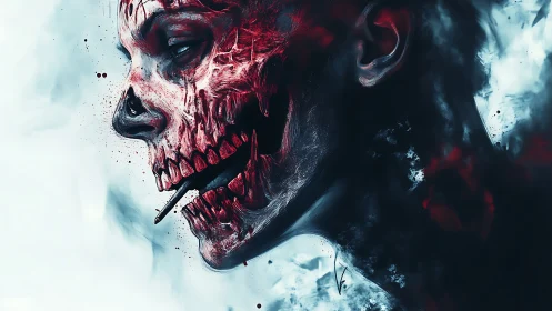 Haunting crimson skull portrait wrapped in ghostly mist.