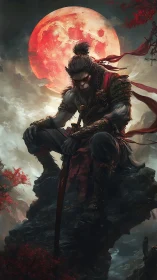 Mythic warrior monkey broods beneath a blood-red moon
