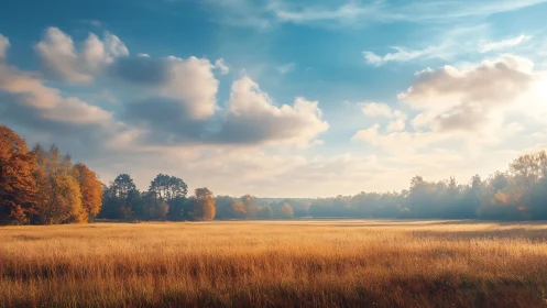 Low-angle autumn field under stratocumulus sky with warm rim lighting