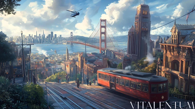 Cable car glides through a storybook sunrise over the bay