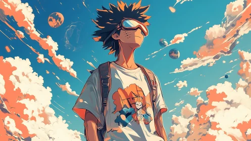 Skyward dreamer gazes into bright clouds and distant worlds