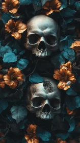 Digital painting of twin skulls in teal foliage and bronze blooms.